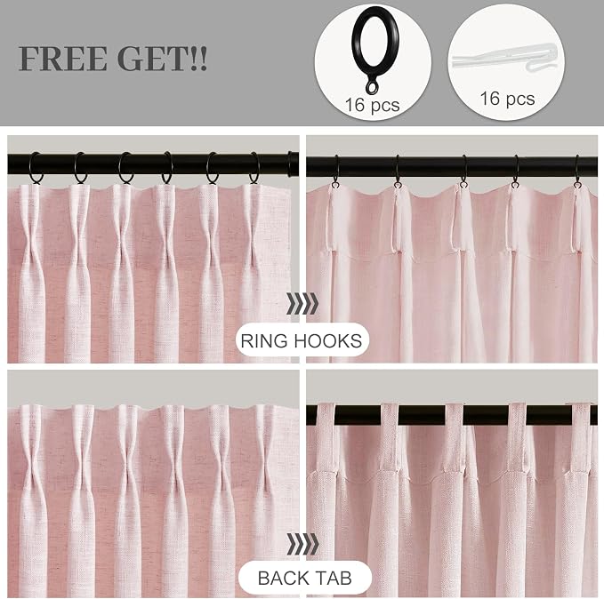 Pink Pinch Pleated 90 Inch Sheer Linen Blend Curtains for Living Room | Light Filtering, Bedroom, Girls Room, Pinch Pleat, Hook Rings, Non See Through, Memory Shape, W40xL90, 2 Panels, Light Pink