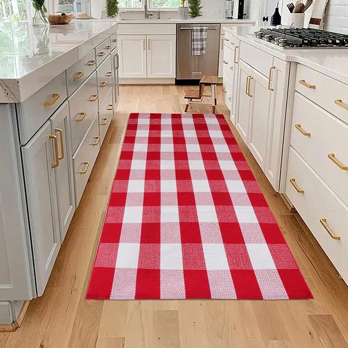 Christmas Buffalo Plaid Rug 3 x 5 Ft, Red White Indoor Outdoor Rug | Cotton Blend, Hand-Woven Look, Machine Washable, Layering Rug, Porch Entryway Decor