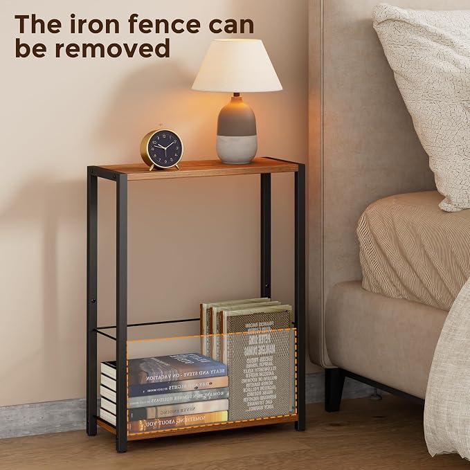 Homleke Narrow Side Table with Magazine Holder, Skinny End Table | Space-Saving Design, Small Spaces, Storage Shelf, Metal Frame, Easy Assembly, 7.1" D x 16.9" W x 23.6" H, Rustic Walnut