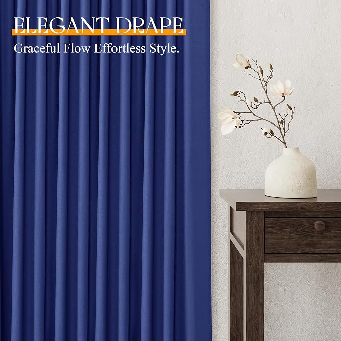 Jowels Classic Blue Linen Curtains 84 Inch Long 2 Panels for Living Room | Light Filtering Semi Sheer Curtain, Back Tab Pocket Pleated Look, Boho Farmhouse Textured Privacy Drapes for Bedroom Window