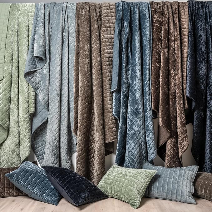 RECYCO Channel Box Stitch Velvet Quilt Set, Full Queen Size, Stormy Blue | Ultra Soft Lightweight Velvet Comforter, Luxury Oversized Bedspread Coverlet, Quilted Bedding Set for All Season with 2 Shams