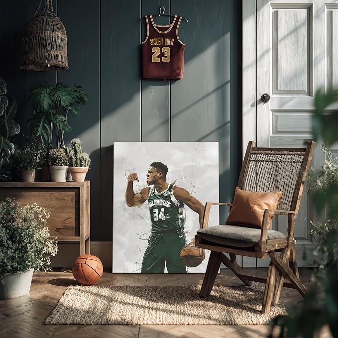 Giannis Antetokounmpo Basketball Canvas Wall Art, Sports Player Poster | Abstract splash ink athletic artwork, motivational sports wall decor for teen boys room, bedroom, living room, gym or office