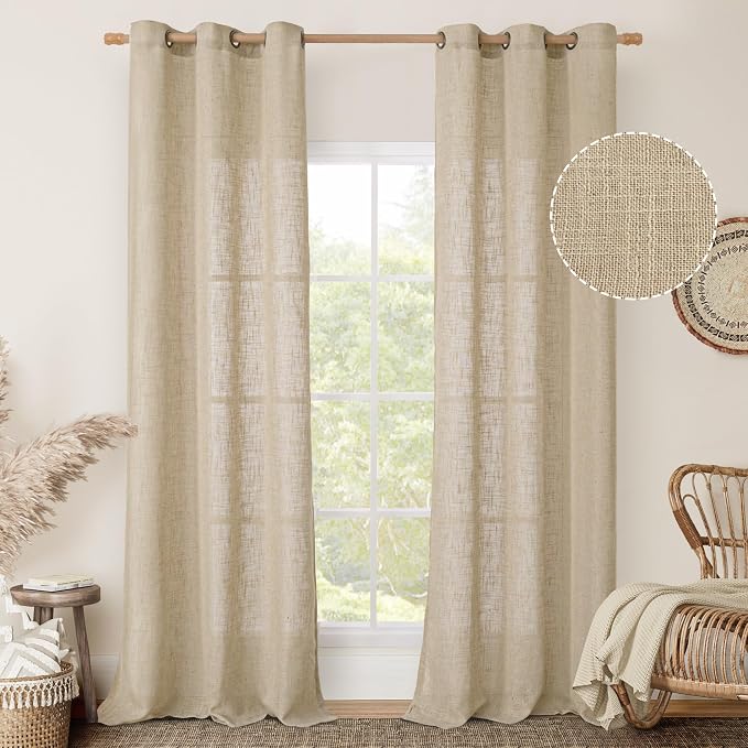 84 Inch Length Linen Semi Sheer Curtains for Bedroom 2 Panels | Brown, Light Filtering Drapes, Living Room, Boho Burlap, Panels for Farmhouse, Dining Room, Bronze Grommet, 38 x 84 Inch
