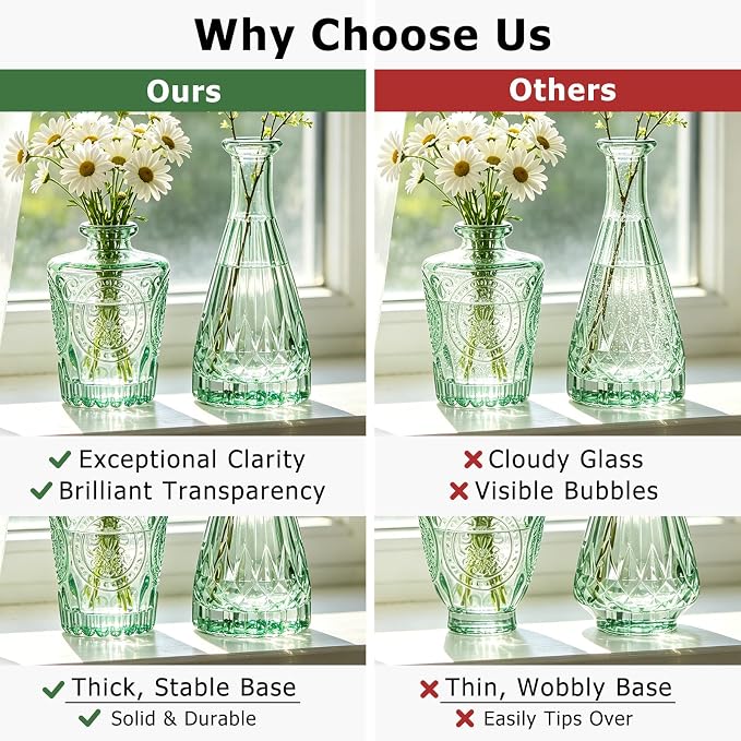 SUPMIND 6pcs Glass Bud Vase Bulk, Small Green Flower Vases for Centerpieces | Mini Vintage Vase Set of 6, Flower Vases Set for Table Centerpieces, Wedding, Home, Table Decoration