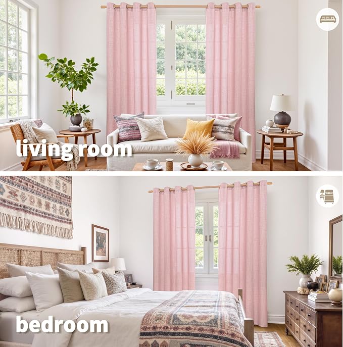 YoungsTex Light Pink Linen Curtains 84 Inch Length for Living Room Window, Light Filtering Drapes with Bronze Grommet Privacy for Bedroom Decorative, 52 x 84 Inch, 2 Panels