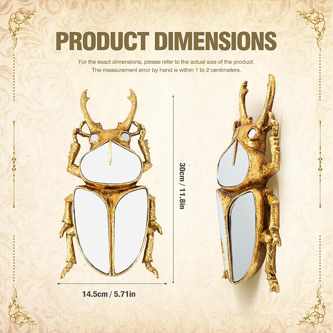 Decorative Bug Insects Animals Beetle Mirrors - Gold Resin and Glass Wall Decor, Perfect for Victorian and European Themed Homes