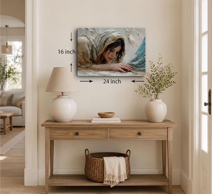 LCZDXGR Christian Wall Art Woman Touching Jesus Hem Canvas Framed 24x16in | Biblical healing miracle canvas with soft neutral tones for prayer room, bedroom, living room, church office, or faith gifts