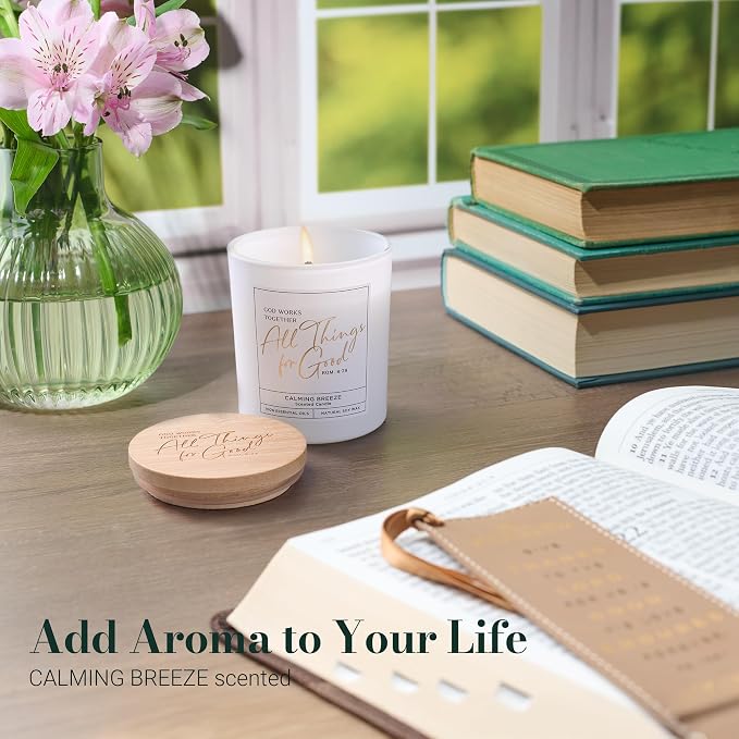 Christian Art Gifts Soy Wax Scented Candle: Romans 8:28 Bible Verse