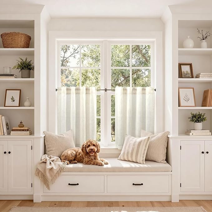 Pitalk 24 Inch Cafe Linen Curtains for Kitchen Window Boho Rustic Semi Sheer Light Filtering Short Curtain Back Tab Rod Pocket Neutral Drapes for Bathroom Basement Cabinet 2 Panel 34 x 24 Length Cream