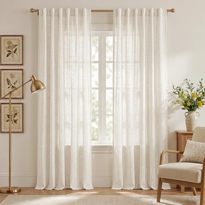 NICETOWN Linen Blend Semi Sheer 108 inch Curtains, Grommet Thick Flax Linen Weave Drapes Privacy with Light Filtering Drapes Airy & Elegant for Bedroom/Living Room, W52 x L108, 2 Panels