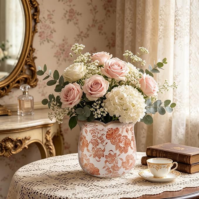 Ceramic-Planters-for-Indoor-Plants with Saucer, 6 inch Vintage Ice Crackle Glaze Plant Pots with Drainage Holes, Decorative Flower Pots for Outdoor Garden Home Decor, Tuscan Pot for Plant