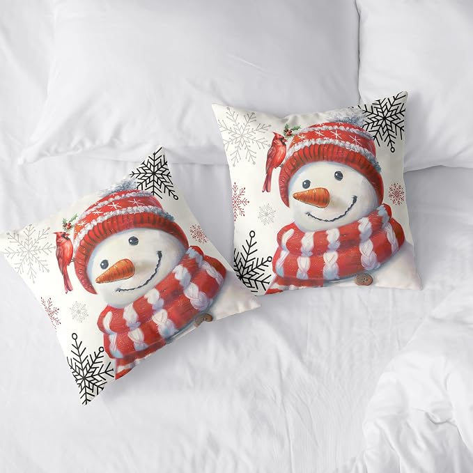 Snowman Pillow Covers 18x18 Set of 2 Christmas Winter Holiday Throw Pillow Covers Lovely Red Snowman with Cardinal Bird Snowflake Cushion Case for Living Room Bedroom Sofa