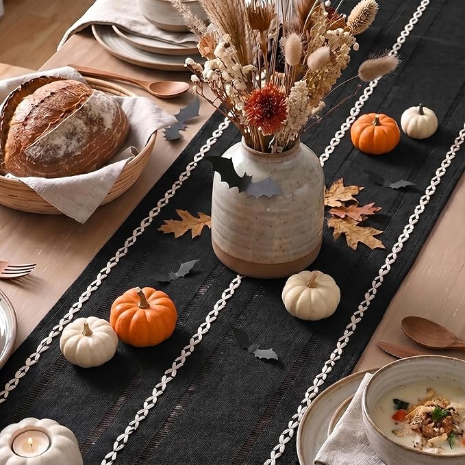 Artoid Mode Black Rustic Cotton Linen Table Runner, Seasonal Halloween Embroidered Hollow Kitchen Dining Table Decoration for Home Party Decor 13x72 Inch