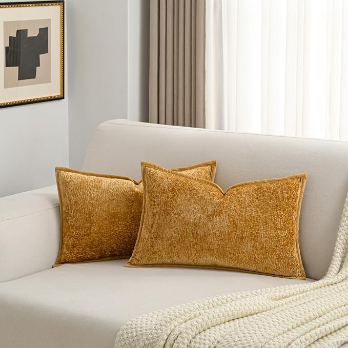 FUTEI Pack of 2 Chenille Soft Throw Pillow Covers 12x20 Inch, Tobacco