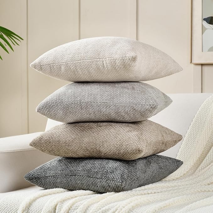 Volcanics Boho Throw Pillow Covers 18x18 Set of 4, Neutral Chenille Decorative Cushion Covers for Couch, Sofa, Bedroom, Living Room, Farmhouse & Mid-Century Modern Home Decor