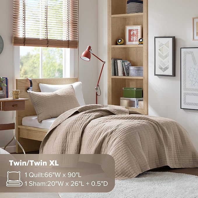 Comfort Spaces Kienna Twin Quilt Bedding Set 2 Piece, 66"x 90" Taupe | Soft Cozy Lightweight Summer Twin XL Coverlet for College Dorm, Quilted Extra Layer, Modern Casual Bedroom Decor, OEKO-TEX