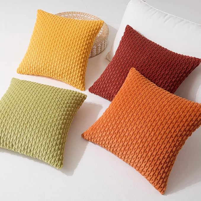 Kevin Textile Spring Decorative Pillow Covers 18x18 Inch Set of 4 Soft Boho Corduroy Throw Pillow Cases Mix and Match Colors Plush Texture Pillows for Sofa Couch Bedroom Home Decor Cream Green/Orange
