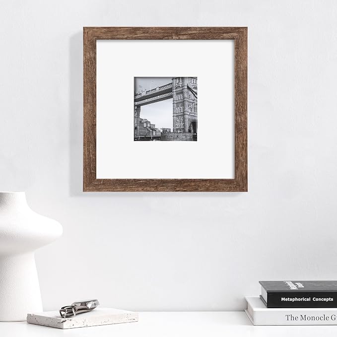 eletecpro Picture Frames Set of 9, 8x8 in, Acrylic Cover, Drift Brown | Display Photo 4x4 with Mat or 8x8 without, Square Gallery Collage, Wall Mount, Minimalist Home Decor, Engineered Wood