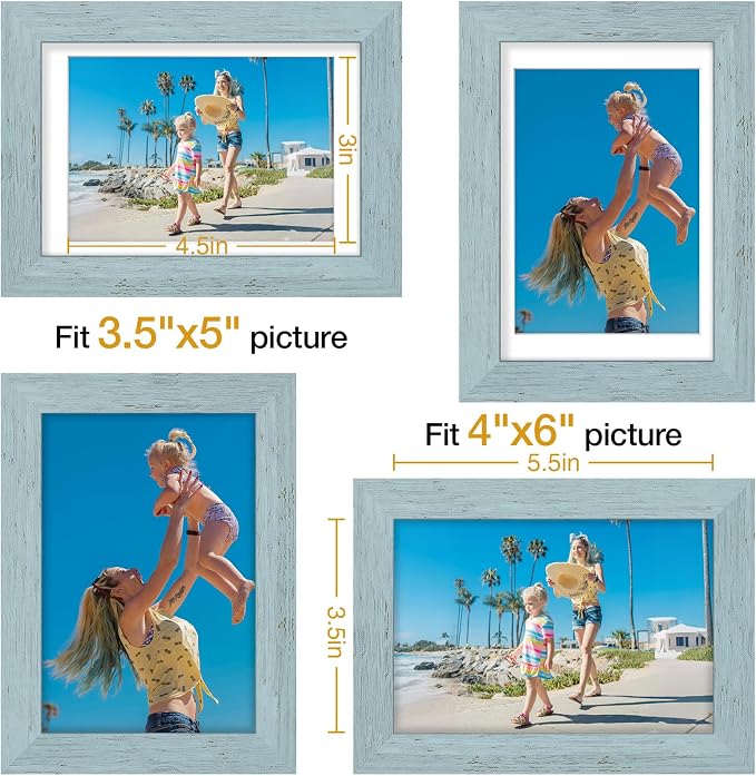 Vittanly 4x6 Picture Frames Set of 9, Wall & Tabletop, Rustic Blue | Display Pictures 3.5x5 with Mat or 4x6 without Mat, Small Photo Frames, Engineered Wood with Shatter Resistant Plexiglass