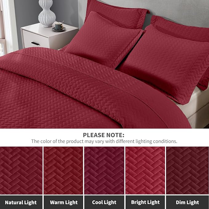 Maple&Stone Burgundy Quilt Set California King Size Bedspread | Breathable Coverlet with Chevron Pattern, All-Season Dorm Bed Cover Set Bedding Decor 3 Piece