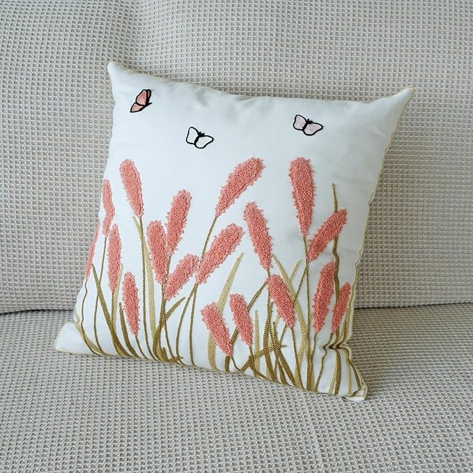 vctops Farmhouse Pampas Grass Cotton Tufted Throw Pillow Cover Boho Embroidery Pillowcase Soft Square Cushion Case for Sofa Couch Bed Chair (Dark Pink,18"x18")