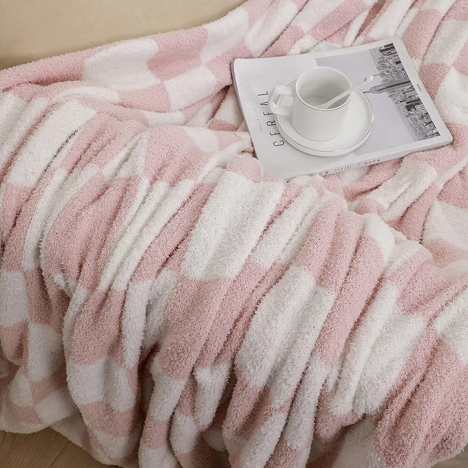 bearberry Soft Plush Throw Blanket for Couch, Cozy Warm & Lightweight | Knitted Fluffy Checkered Comfort Home Decor Gift for Women Mom Her, Sofa Chair Bed, 60x80in, Pink