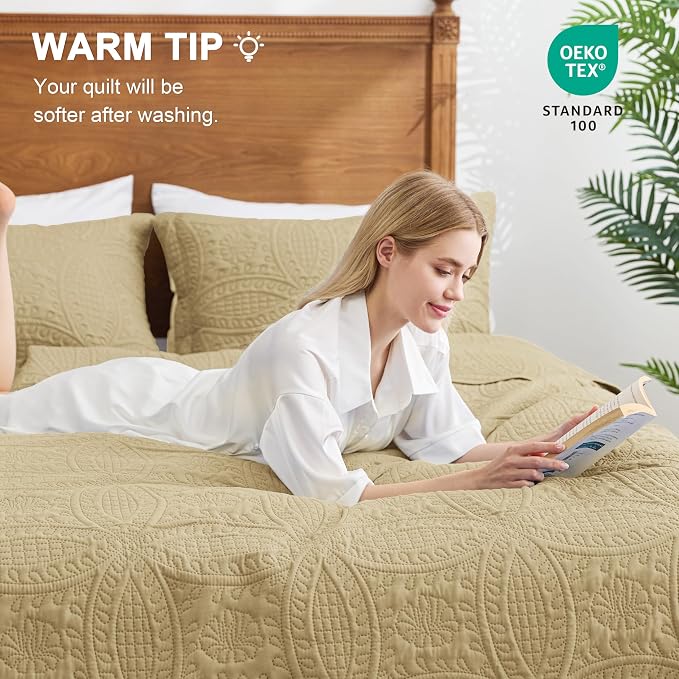 Love's cabin Quilts for Queen Bed Camel Bedspreads - Soft Bed Fall Lightweight Bedspread Comforter - Modern Style Coin Pattern Coverlet for All Season - 3 Pieces (1 Quilt, 2 Pillow Shams)