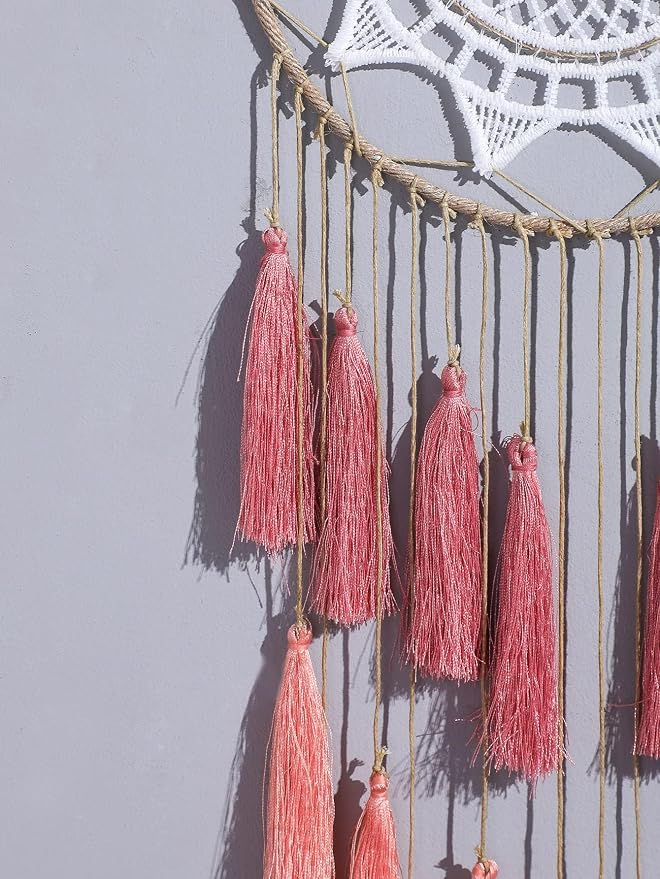 Artilady Macrame Dream Catcher Wall Hanging, Pink Large Boho Bedroom Decor