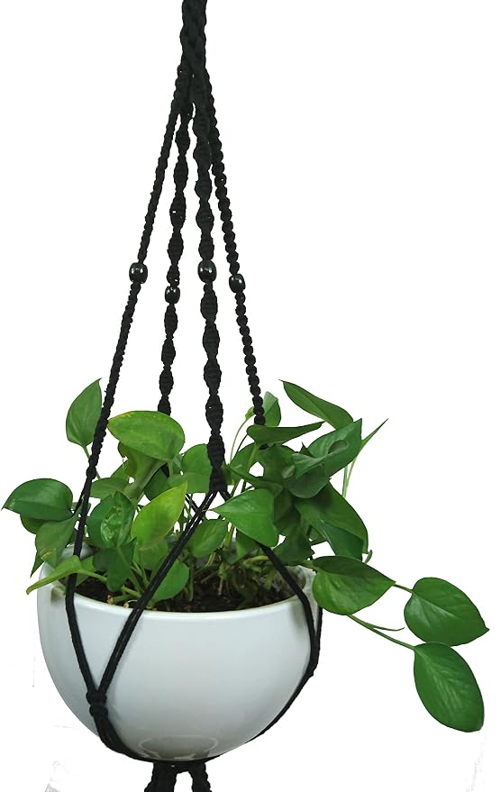 Macrame Plant Hanger & Holder, Hanging Planter 4 Legs Double Deck for 8 inch to 10 inch Two Pots Indoor Outdoor Hanging Planter Cotton Rope 67 Inch with Metal Ring (Cotton-Black)