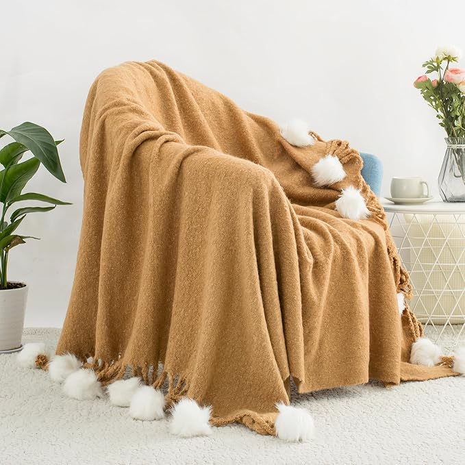 Camel Pom Pom Throw Blanket for Couch, 50"X60" Soft Lightweight Knitted Farmhouse Decorative Blankets for Bed and Sofa