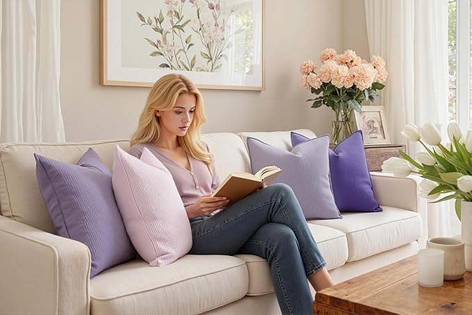 Pack of 4 Throw Pillow Covers Corduroy 18x18 Inch,Purple | Decorative Velvet Couch,Summer Cases Square,Farmhouse Boho Cushion Covers for Sofa Bed Living Room Home Decor & Office