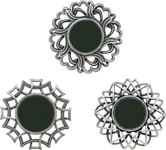 Retro Silver Mirrors for Wall Pack of 3. Round Mirrors. Decorative Mirrors.Small Wall Mirrors for Decor Home Decor Plastic Frames.Glass Mirrors.Make Old Silver Color.