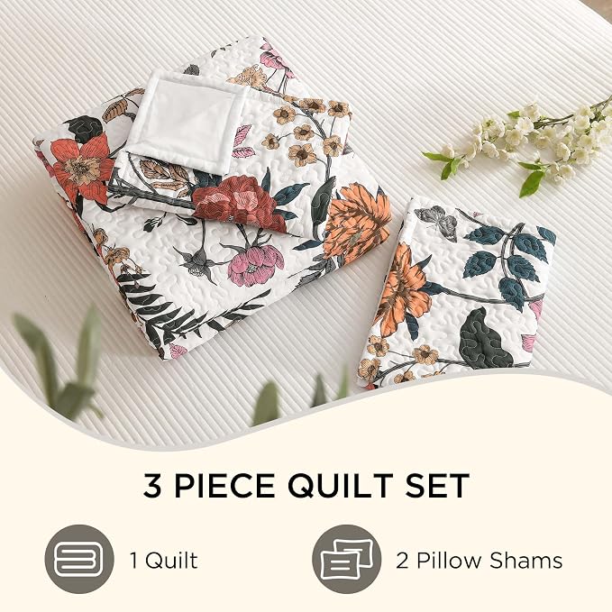 Litanika Floral White Quilt Oversized King - 3Pcs Botanical Birds Bed Set | Super King Plus Bedspread Summer Lightweight Soft Coverlet with Orange Flower for All Seasons(128"x120")