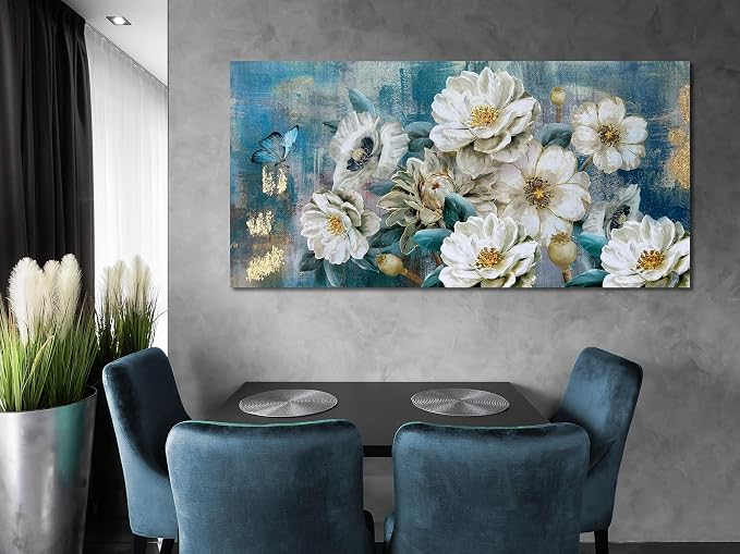 Arjun Flower Canvas Wall Art for Bedroom White Elegant Teal Picture, Textured Floral Magnolia Aesthetic Painting Living Room Wall Decor Turquoise Large Artwork Dining Room Home Office 48"x24"