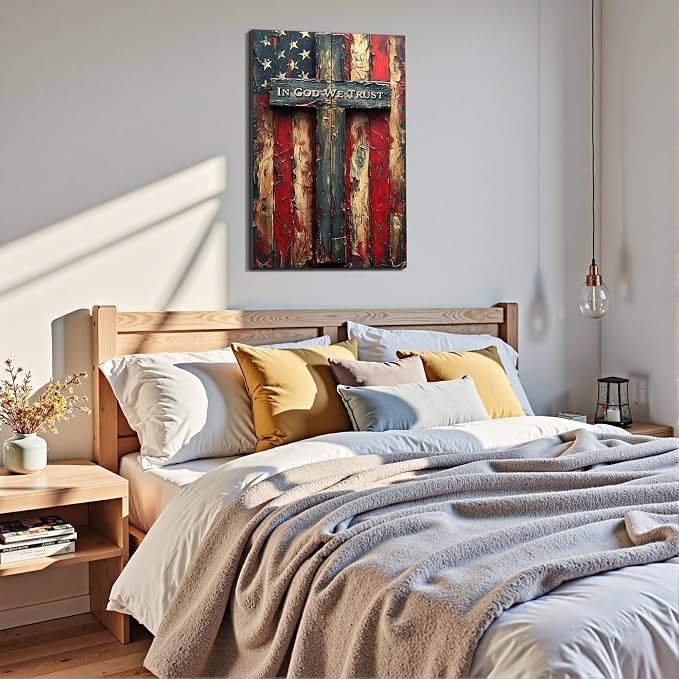 Framed Vintage Cross American Flag Wall Art, Patriotic Rustic Canvas Art Pictures, USA Flag Wall Decor, Made in USA Ready to Hang for Living Room Garage