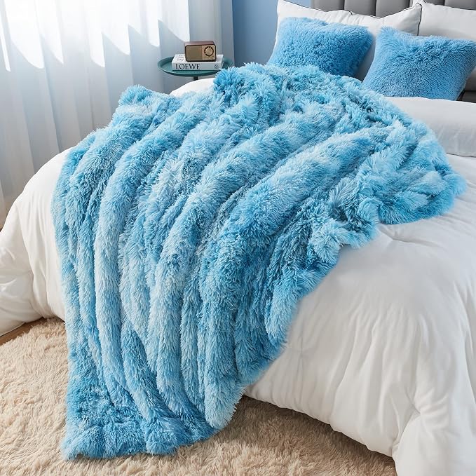 GONAAP Fuzzy Faux Fur Throw Blanket for Couch, Tie-dye Ocean Blue, 50"x60" | Warm Cozy Plush Shaggy Decorative Reversible Thick Non-Heated Fleece Blanket for Sofa Bed, Gift for Women Men, All Season Use