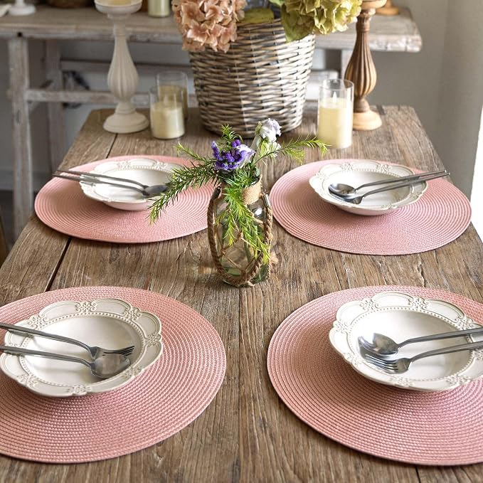 FunWheat Round Braided Placemats Set of 4 Table Mats for Dining Tables Woven Washable Non-Slip Place mats 15inch (Pink, 4pcs)
