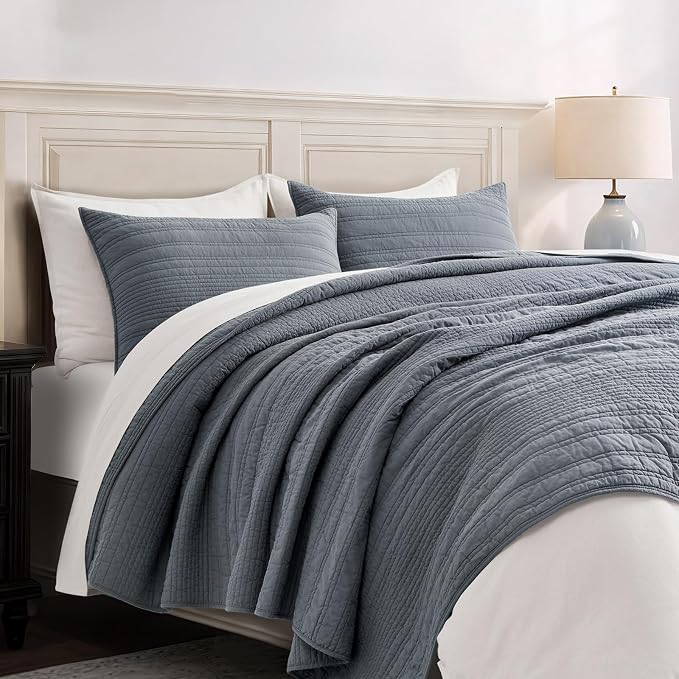 EVERGRACEHOME 100% Cotton Modern Lines Quilt Set King Size, Smoky Blue | Pre-Washed Soft Cotton, Striped Coverlet Bedspread, 3 Piece Lightweight Bedding Set for All Season, with 2 Pillow Shams