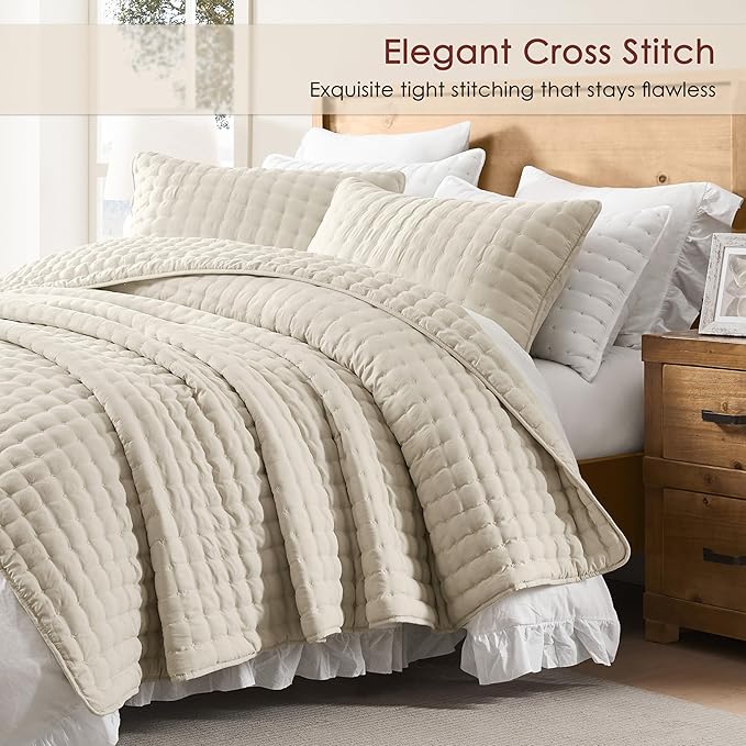 WDCOZY Beige King Size Quilt Bedding Sets with 2 Pillow Shams, Neutral Lightweight Soft Bedspread Coverlet, Quilted Blanket Thin Comforter Bed Cover for All Season, 3 Pieces, 104x90 inches