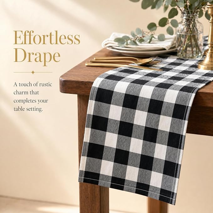 ShinyBeauty Black and White Checkered Table Runner, 13x108, for Dining | Farmhouse Style, Soft Cotton Fabric, Buffalo Plaid Gingham Pattern, 108 Inch Long for Party Picnic Decor 6-8 Person Table