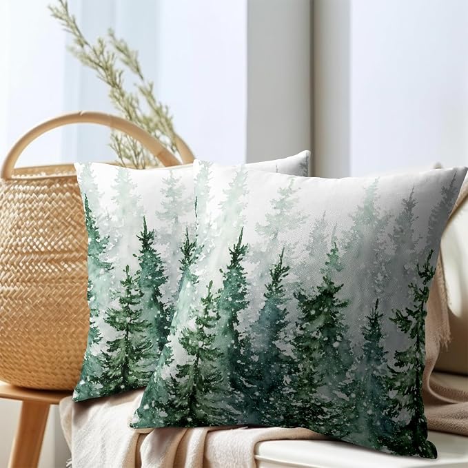 Winter Forest Pillow Covers 16x16 Inch 2Pcs Watercolor Green Misty Pine Tree Nature Landscape Throw Pillows Cover Mountain Square Cushion Cover for Home Sofa Patio Living Room