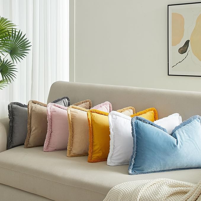 JUSPURBET White Decorative Velvet Fringe Throw Pillow Covers 16x16 Set of 2 Boho Soft Cushion Case for Home Decor Living Room Couch Sofa Bed