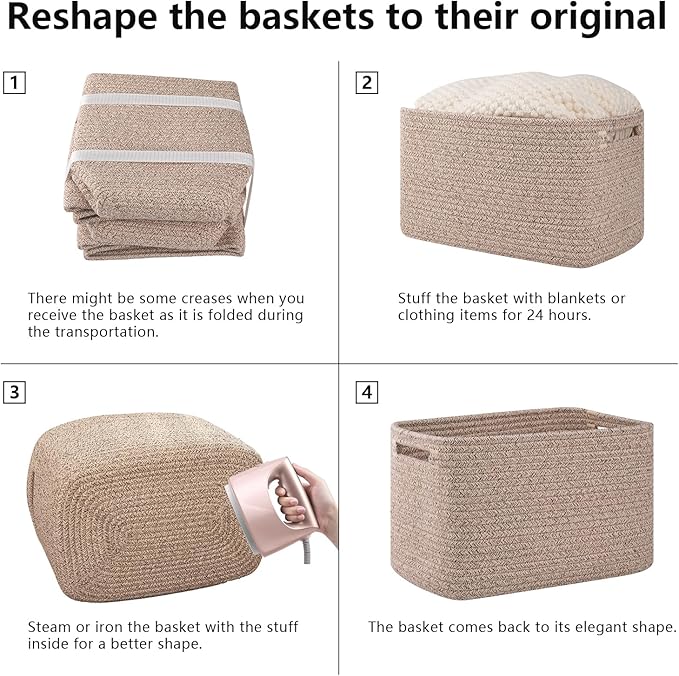 OIAHOMY 4 Pack Storage Baskets for Organizing 15L Cube Storage Bins Brown | Woven Baskets for Storage Rectangle Small Baskets With Handles Baskets for Shelves Wicker Baskets for Shelves 12.7x9x7.8inch