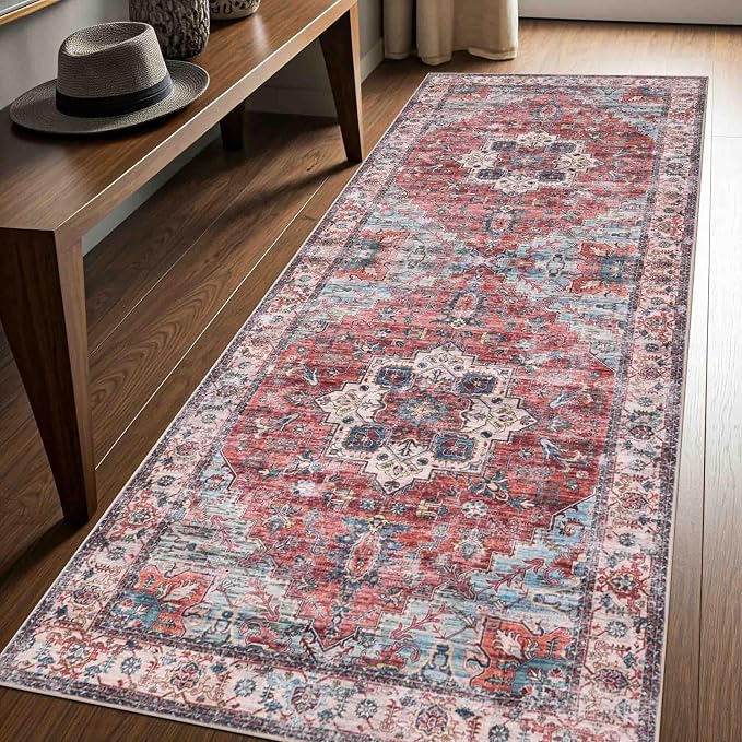 Machine Washable Area Rug, Soft & Durable, Non-Slip, Stain Resistant Rug for Bedroom, Living Room, Dining Room, High Traffic Areas. (Red/Sky Blue, 2.5' X 7')