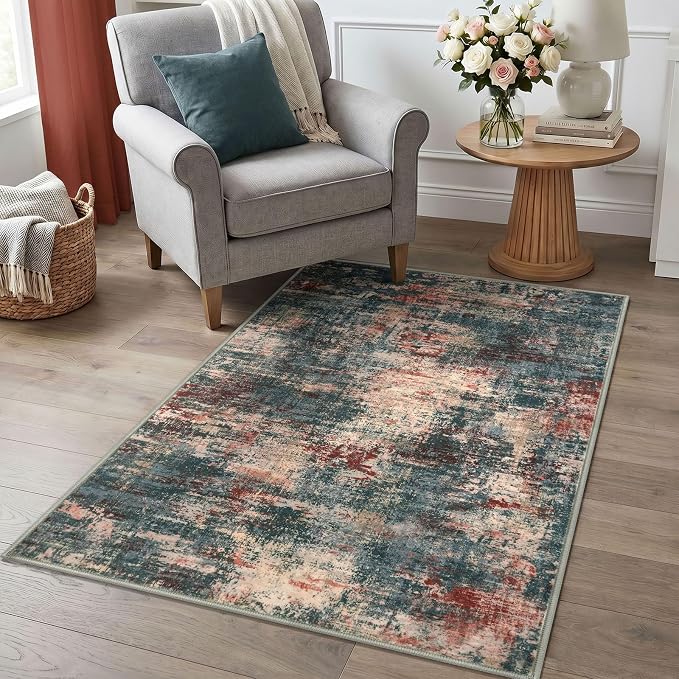 Lansny Abstract Washable Entryway Rug 3x5 Area Rug Non Slip Kitchen Rugs | Red/Multi;Thin Printed Faux Wool Door Mat;Small Rugs;Front Door Rug;Indoor Entry Rug;Rubber Backed Floor Carpet;Throw Rugs
