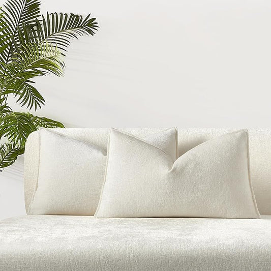 JUSPURBET Cream Chenille Lumbar Throw Pillow Covers 16x24 inch Set of 2 Decorative Soft Textured Cushion Cases for Living Room Sofa Couch Bed Solid Home Decor Broadside Pillowcases