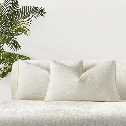 JUSPURBET 12x20 Chenille Lumbar Throw Pillow Covers Set of 2,Cream | Decorative Cozy Soft Cushion Covers Case with Hidden Zipper for Couch Sofa Bed Home Decor Living Room