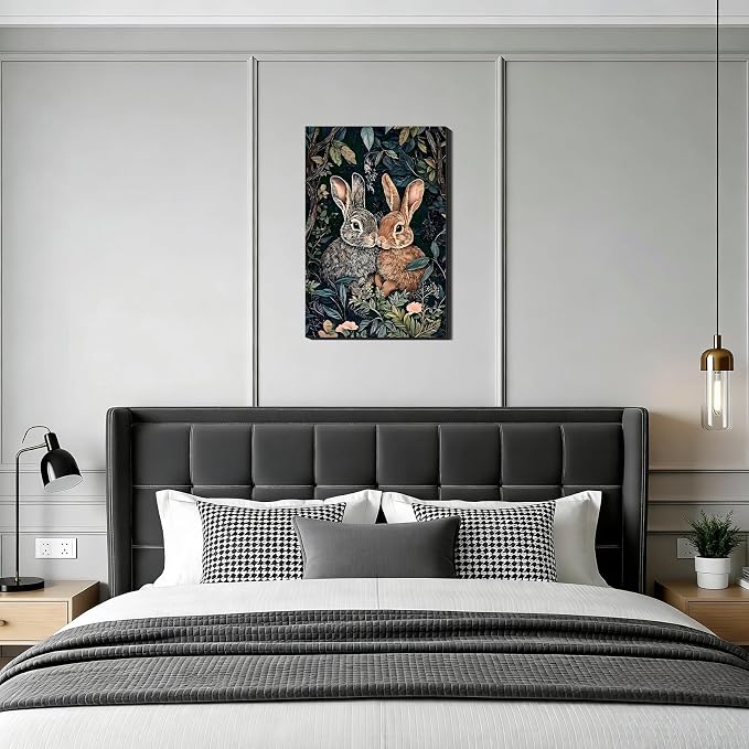 Vintage Framed Easter Canvas Wall Art 24x36, Retro Two Bunnies Pictures Wall Decorations Indoor, Rustic Spring Wall Decor with Cute Rabbit & Florals for Bedroom Living Room Office
