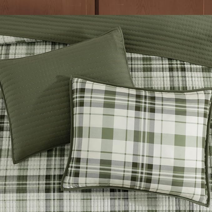 King Quilt-Lightweight Bedspread Plaid Quilt King Size Quilt Bedding Set | Green Reversible Neutral Coverlet with 2 Shams for All Seasons, Suitable for Bed, Couch, 3 Pieces, 106"x94"
