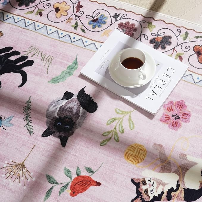 Rugcomf Runners for Kitchen Runner Rug Non Slip 2'x10' Long Washable Rugs with Rubber Backing Soft Floral Animal Cat Carpet Runner for Kitchen Laundry Bedroom Bathroom, Pink